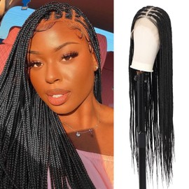 Fecihor 36 Inch 13x8 HD Lace Front Box Braided Wigs for Women Knotless Box Braid Wig With Baby Hair Human Hair Blended Lace Black Braid Wigs
