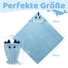 Baby Bath Towel with Hood Hooded Towels with Wash Cloth Children Boys Girls 90 x 90 cm