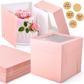 DOYIDE 12Pcs Cake Boxes, 10x10x10 Inches Tall Cake Boxes with Window, Pink Disposable Tier Cake Containers for Pastries, Pie, Cookies, Chocolates, Cupcakes, Birthday Party, Wedding Bakery Boxes