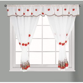 Householdfurnishing Embroidered Kitchen Window Pair Curtains Set Rod Pocket with Attached Valance & Tiebacks (Wndsr Red White, W 48 x L 48 Inch)