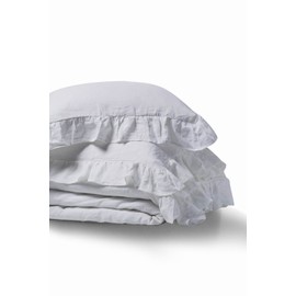MEADOW PARK Stone Washed French Linen Duvet Cover Set 3 Pieces - Super Soft, King Size 104 inches x 92 inches, Shams 20 inches x 36 inches, Ruffled Style - Button Closure - Corner Ties, White