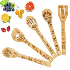 TICKLELY Housewarming Gift - Non-Stick Apartment Cooking Spoons, Functional Set of 5 Wooden Spoons Including Slotted Wooden Spoon, Wooden Spatula, Round Forks and More