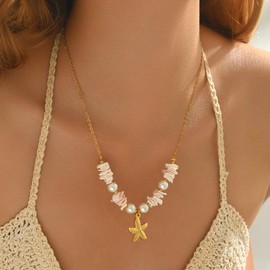 18K Gold Plated Ocean Charm Necklace for Women Large Sea Turtle Starfish Dolphin Seashell Conch Pendant Pearl Necklaces Trendy Boho Summer Beach Jewelry