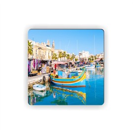 Island Gifting Decorative Masonite Fridge Magnets Featuring Image of The Marsaxlokk harbos Colorful Fishing Boats in Malta
