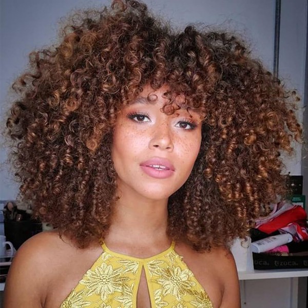 Allbell Short Curly Wigs for Black Women, Soft Brown Large