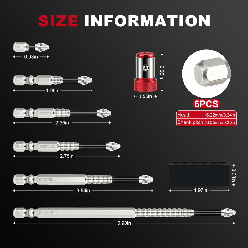 High Magnetic Screwdriver Drill Bit Set, 6pcs K5 Impact Resistant