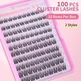 Lash Clusters 100PCS Cluster Lashes Wispy Fluffy D Curl Super Thin Band Eyelash Cluster Natural Volume Reusable DIY Eyelash Extensions at Home (10-16mm Mix)
