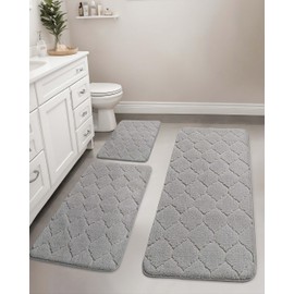 Ruggnovea Bath Rug Mat Set 3 Piece Ultra Soft and Water Absorbent Microfiber Bath Rugs,Rubber Backing Non-Slip Machine Washable Bath Rug Under Door for Bathroom,Tub and Shower,Grey