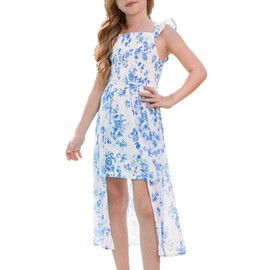 GRACE KARIN White Dress for Girls Spring Summer Blue Floral Maxi Party Dresses Tie Back Size 5-6