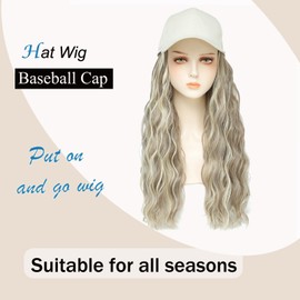 AliRobam Synthetic Wig Hat with Natural Wave hair Extensions attached for woman Baseball cap wig mix blonde white curly wavy Hairstyle Adjustable Beige Hat Wig (MiFAB, 22inch)