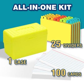 H4D 3x5 Index Card Holder with 100 Heavyweight Ruled Index Cards and 25 Plastic Dividers, Lime Green