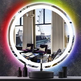 THEKLA 30 Inch GRB Led Round Mirror with 3 Color Front Lights + RGB Rainbow Color Changing Backlit Round Lighted Vanity Mirror for Bathroom Wall Dimmable AntiFog 30" RGB Circle Smart Light up Mirrors