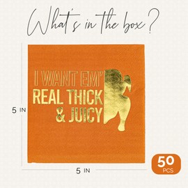 Servilletas de Acción de Gracias, 50 piezas, con texto "I Want'em Real Thick & Juicy – Servilletas de 3 capas de Acción de Gracias, desechables, servilletas de papel de Acción de Gracias, servilletas de cóctel