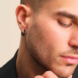 KRKC&CO Hoop Earrings for Men, S925 Sterling Silver, 14K/White Black Gold Plated Hypoallergenic Diamond Earrings, Curved Face, Stripes, Stylish Hip Hop Street-Wear Look for Men Women