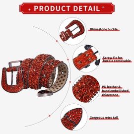 TINIDI Men Women Rhinestones Belt Western Bling Diamond Crystal Studded Leather Belt For Jeans Pants (48: fits waist from 36"-38", Red)