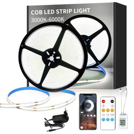 Yeewhale Cob LED Strip 15 m, with Remote Control, App Control, DC24 V 6000 K White LED Strip, Flexible Dimmable COB LED Strip, Applicable to Bedroom, Room, Closet, DIY Decoration