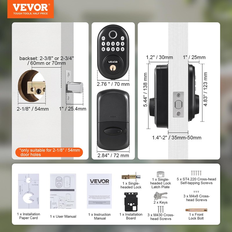 VEVOR Fingerprint Door Lock, with Fingerprint/Keypad Code/Key, One-Time and Anti-Peeking