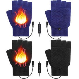 JaGely 2 Pairs Winter USB Heated Gloves for Men Women Full and Half Hand Electric Gloves with Temperature Adjustment Heated Fingerless Gloves Heating Mittens Hands Warmer Gift for Indoor Outdoor
