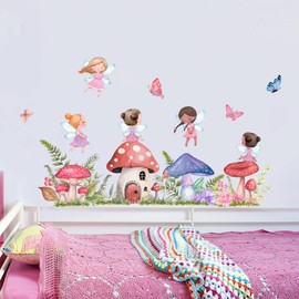 SUPERDANT Fairy Mushroom Wall Decals Watercolor Butterfly Elf Wall Art Stickers Flower Grass Wall Stickers for Girls Bedroom Nursery Classroom Wall Decor Forest Aesthetic Boho Art