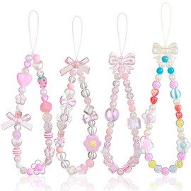Draupnir 4pcs Phone Charms Strap, Butterfly Bow Camera Strap Wrist Beaded Phone Bracelet Wrist Straps, Pearl Bracelet Lanyard Cute Keychain Charm for Women, Pink