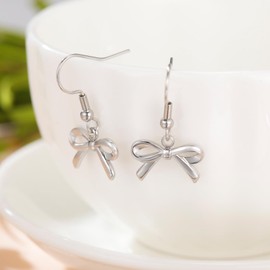 KKJOY Cute Small Tiny Bow Dangle Earrings Stainless Steel Ribbon Bow Tie Pendant Earrings Trendy Prom Bowknot Jewelry for Women Charming Ladies (Bow 1)