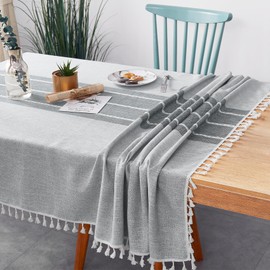 Oubonun Cotton Linen Rectangular Table Cloth, Wrinkle Resistant, Waterproof Tablecloth, Washable Farmhouse Table Cover with Tassels for Kitchen Dining Party, 55''x120'', 10-12 Seats, Grey
