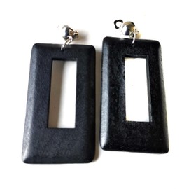 Clip-on Earrings Bohemian Wood Earrings Rectangle Dangle Assorted Colors 3 inch L (Black)