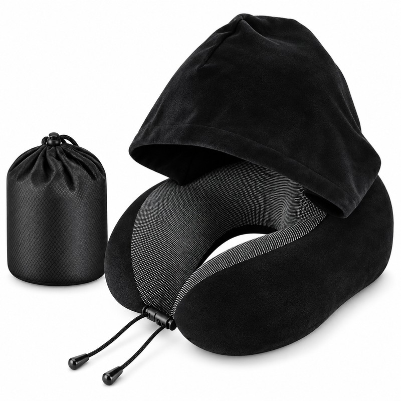 Hooded Travel Neck Pillow for Airplane & Car – U-Shaped