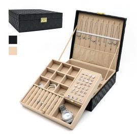Jewelry Organizer Box, Jewelry Box Organizer for Women Girls, Jewellery Display Holder, 2 Layers Large PU Leather Jewelry Storage Case for Earring, Rings, Necklaces, Bracelets, Watch, Gift (Black)
