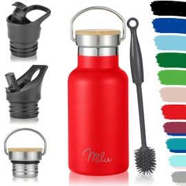 Milu Stainless Steel Water Bottle 350 ml 500 ml 750 ml 1000 ml (+ 3 Lids) Thermos Bottle with Straw Insulated Water Bottle for Children, Adults, for Travel, Leak-Proof (Red, 350 ml)