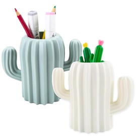 2 Pieces Pen Pencil Pot Holder, Stationery Storage Pen Container, Makeup Brush Holder, Creative Funny Cactus Shape Desk Pen Holder Stand for Desk, Office Supplies, Vanity Table (White, Green)