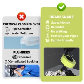 Drain Snake 50 Ft, Plumbing Snake for Sink with Drill Attachment, Snake Drain Clog Remover for Shower Drain and Sink, Manual or Powered Use, Comes with Gloves and Storage Bag, 1/4 Inch, Light Green