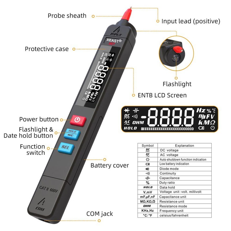 Digital Multimeter with 6000 Counts, XE-7 Auto Range Pen Multimeter