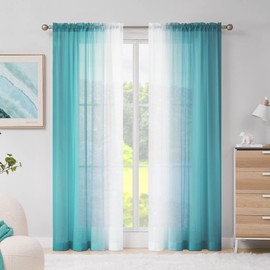 Melodieux Curtains with Ruffle Tape, Ombre Transparent Curtains, for Bedroom, Set of 2, 175 x 140 cm, Blue, Green