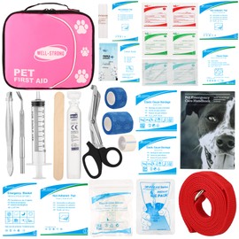 WELL-STRONG Dog First Aid Kit Waterproof Pet First Aid Kit for Car Camping Emergency First Aid Kit with Tick Remover, Slip Leash for Home Office Travel Pink
