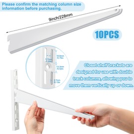 Yalikop 10 Pack Adjustable Shelf Brackets for Double Track System Closet Organization Heavy Duty Wire Shelf Brackets (White,9 Inches)