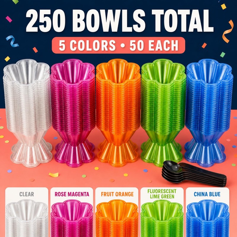 250 Pcs Ice Cream Bowls, 250ml Hexagon, 5 Colors with