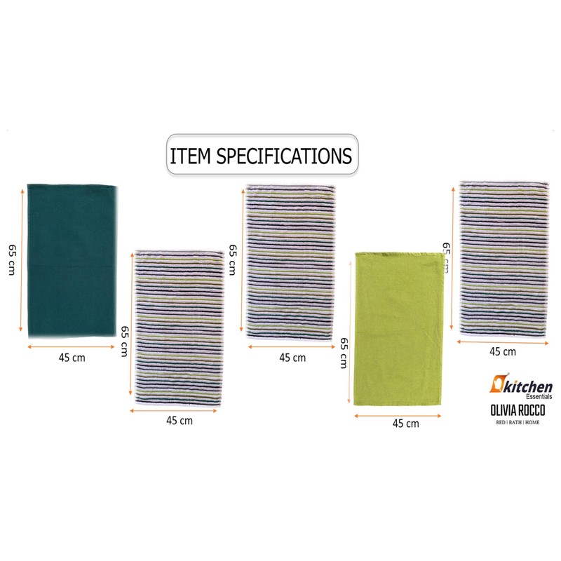 Olivia Rocco 5 Pack Striped Kitchen Tea Towels Cotton Super
