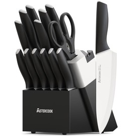 Astercook 15pcs high carbon stainless steel kitchen knife steak knife set, chef, bread , knife sharpener,2025 pink kitchen new arrival - Color: 100T-Black