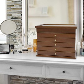 WANLECY Jewelry Storage Organizer, 6 Layers with 5 Drawers Large Jewelry Organizer Wooden Storage Box Case for Woman (Brown type1)