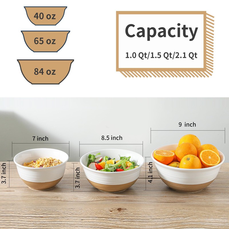 Tikooere Ceramic Mixing Bowls,Large Serving Bowls 2.1/1.5/1.0 Qt,Salad Bowls Set