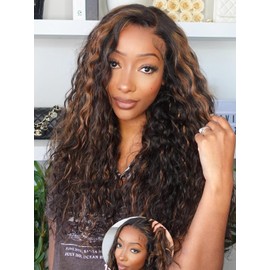 Julia Hair Golden Brown Highlight Deep Water Wave 7x5 Bye Bye Knots HD Lace Closure Glueless Wigs Human Hair Pre Plucked Pre Cut Natural Hairline Ready to Go for Beginners 18 Inch