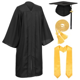 D DODOU Unisex Adult Matte Graduation Cap and Gown Set with Honor Cord Gold Stoles for College School Bachelor Graduates (Black, 51)