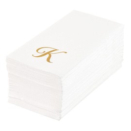 Luxenap 15.8 X 7.9 Inch Linen-Feel Guest Towels, 50 Lettered Hand Towels - Gold Letter 'K', Cursive Font, White Paper Dinner Napkins, airlaid, For Restrooms And Tables - Restaurantware
