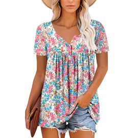 onlypuff Womens Short Sleeve Tops Pleated V Neck Buttons Up Blouse Womens Henley T-Shirts