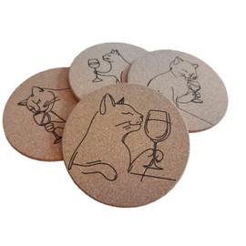 Cork Drink Coasters with Charming Cat Wine Designs, Set of 4, Round