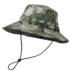 Toutacoo, Wide Brim Sun Hat Man Woman Anti-UV Adjustable Foldable Bush Hat Jungle Safari, 02- Camouflage grid green/khaki