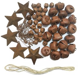 75pcs Rusty Jingle Bells Kit Includes Retro Rusty Bells Rustic Metal Star Safety Pins and Jute Rope Country Primitive Craft Vintage Bells for Christmas Home Ornaments Decor