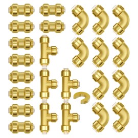 25pcs 1/2\" Brass Push-Fit Pipe Fittings Includes 10x Straight 10x Elbows 5x Tees for Air & Plumbing Hoses Connector PluPipe Connection Type: Straight Pipe + Elbow + Tee Combination, Size: Size 1/2 in - 25 PCS