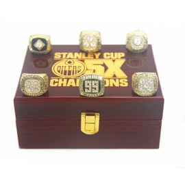 Oilers 1984 1985 1987 1988 Gretzky 1990 Messier Edmonton Champions Replica Rings set and 1989 Wayne Gretzky Commemorative All-Time Points Leader Ring with wooden box